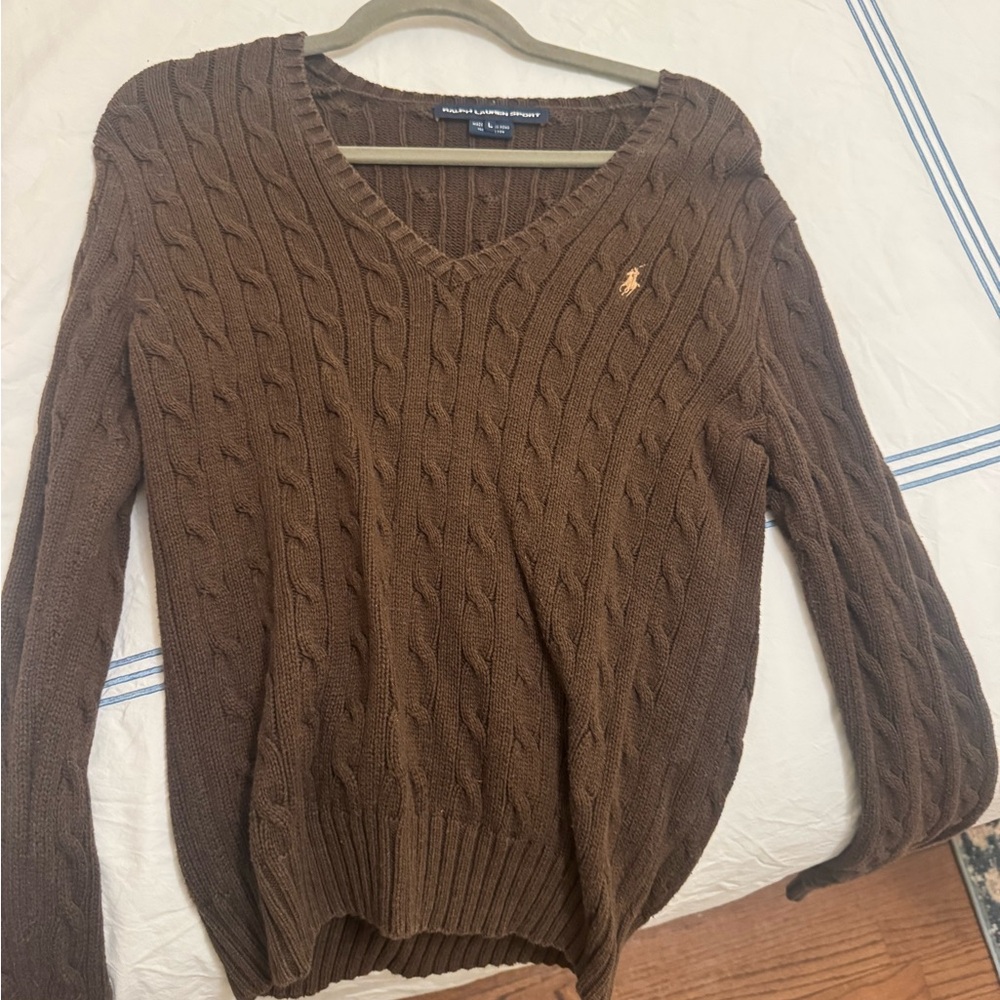 Ralph Lauren Brown Cable-Knit V-Neck Sweater with Pony Logo